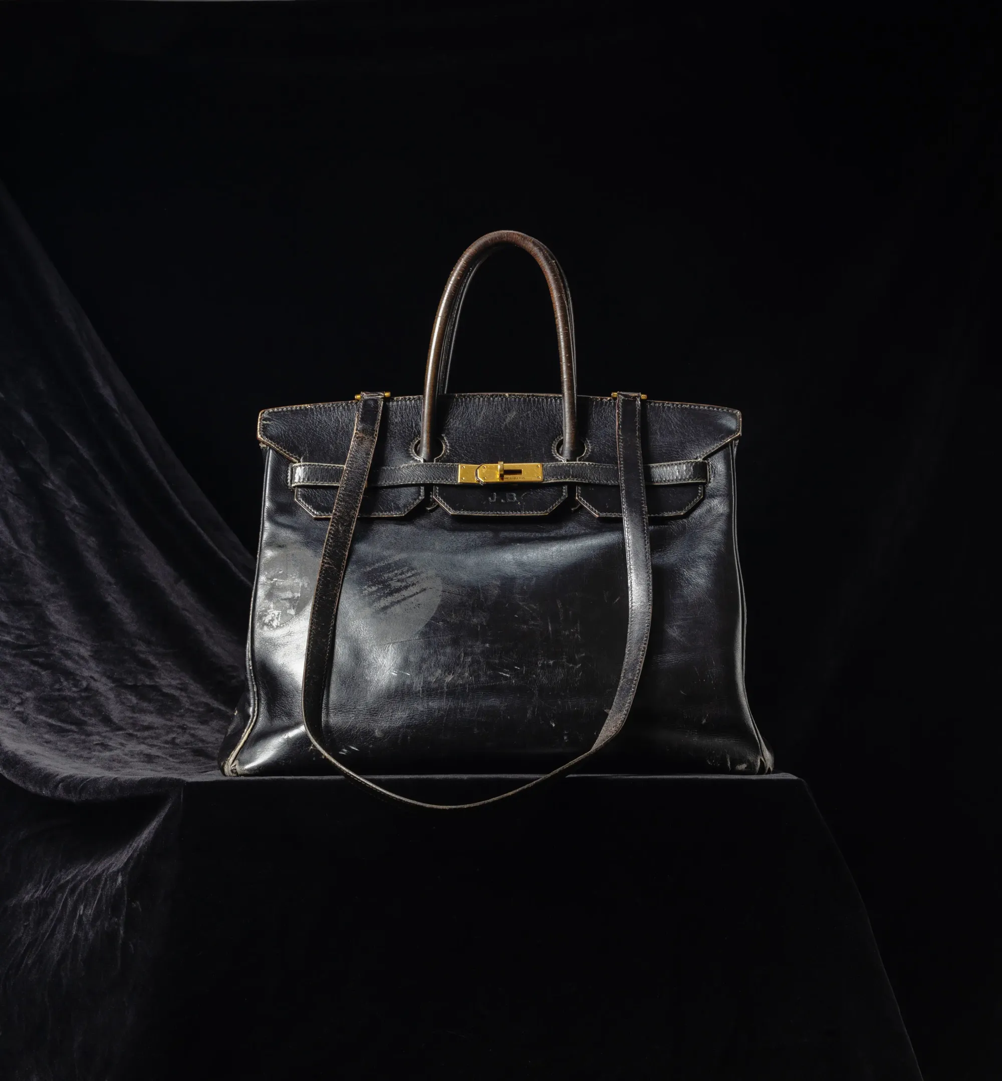 Close-up of the original Hermès Birkin prototype handbag from 1984