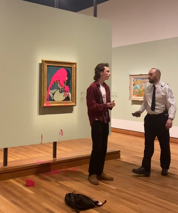 Young climate activist Marcel with museum security officers standing near Picasso’s L’Hétaire painting at Montreal Museum of Fine Arts