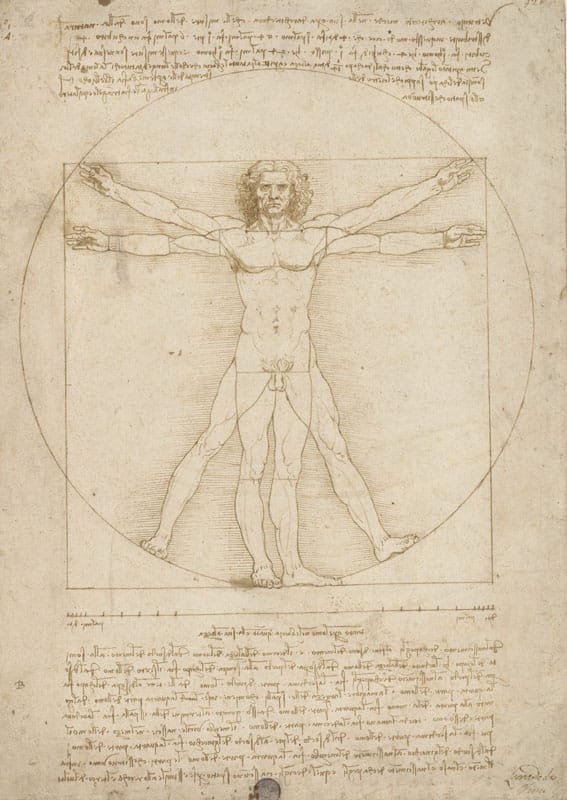 Leonardo da Vinci’s Vitruvian Man, the Renaissance drawing of ideal human proportions, shown in its original form.