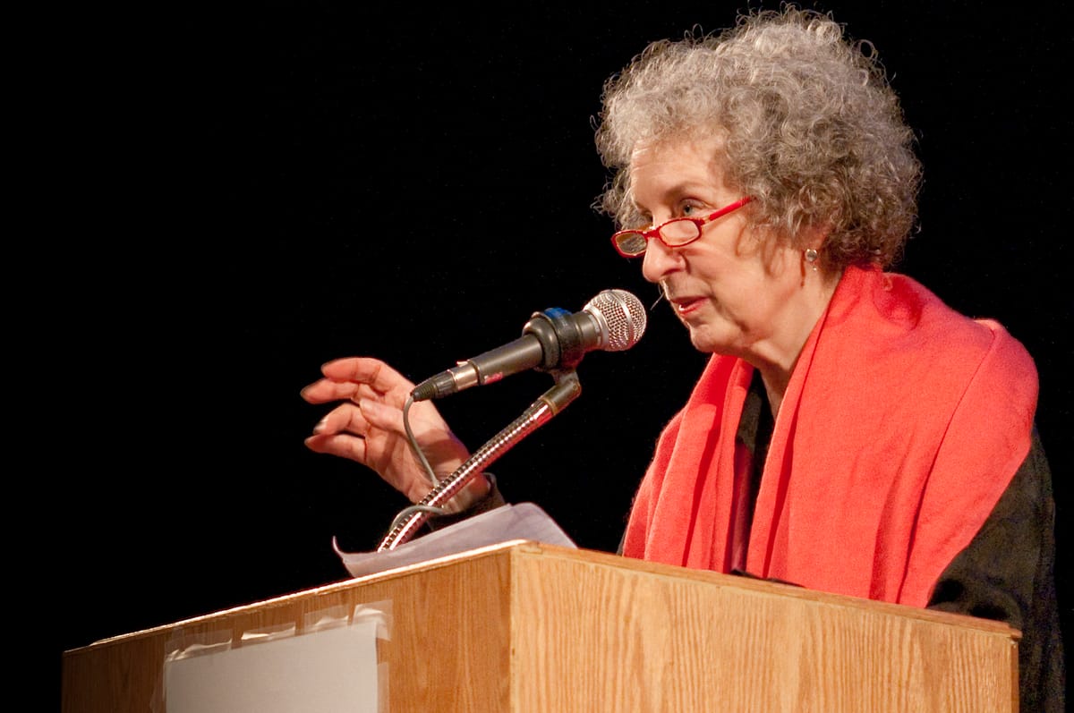 Margaret Atwood delivering a speech