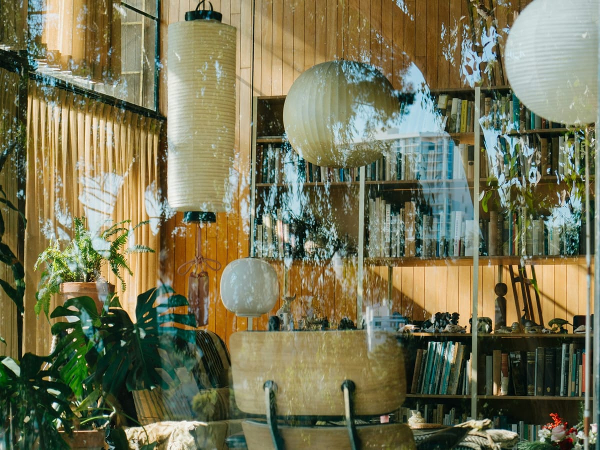 Interior view of the Eames House showing the iconic Eames lounge chair and ottoman
