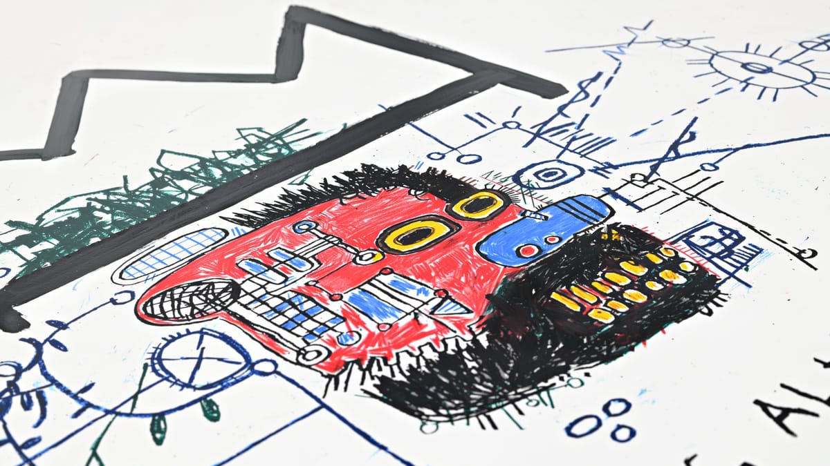 Basquiat King Alphonso 1982–83 print showing a black crown and humanoid head on white background.