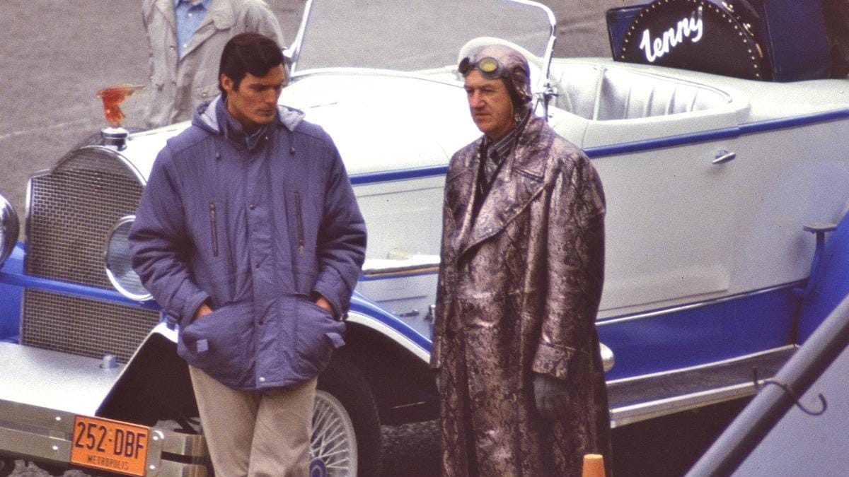 Christopher Reeve and Gene Hackman During filming of Superman IV in 1986.