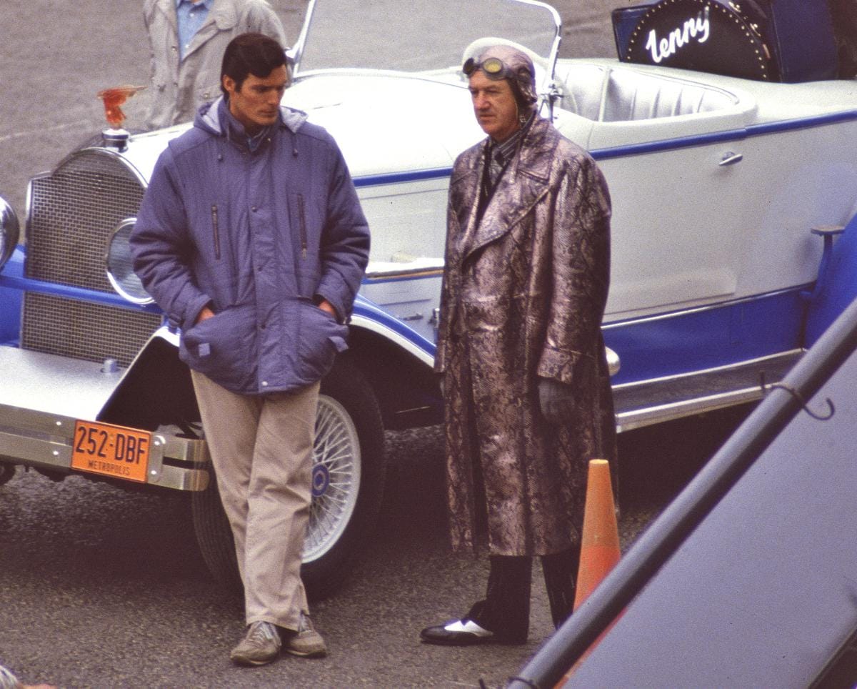 Christopher Reeve and Gene Hackman During filming of Superman IV in 1986.