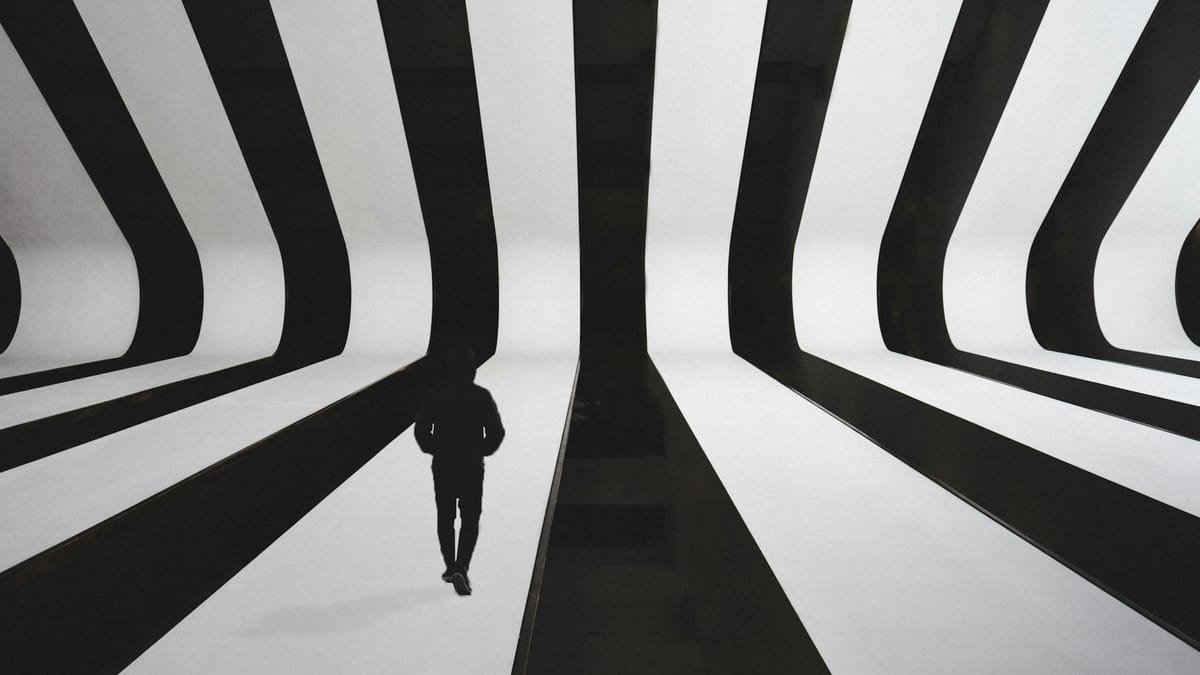 Blackand white forms intersecting and diverging, suggesting structural systems shaping individual paths.