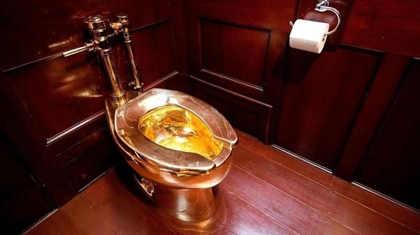 Maurizio Cattelan’s solid gold toilet, "America," on display at Blenheim Palace before its 2019 theft.