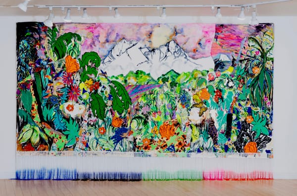 Curator Eungie Joo at Yerba Buena Center for the Arts with Mission School artworks on display during Bay Area Then exhibition