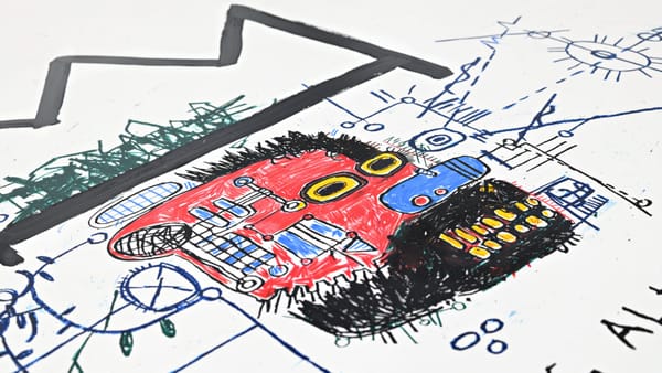 Basquiat King Alphonso 1982–83 print showing a black crown and humanoid head on white background.