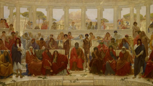 Historical image showing Plato teaching students in an olive grove at the Academy.