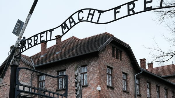 Guard facilities and barbed-wire fencing at concentration camp on a grey day.