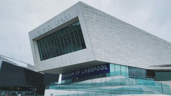 Modern exterior of the Museum of Liverpool by the River Mersey.