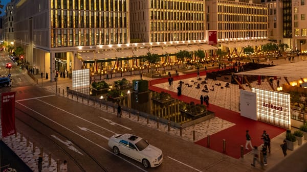 Visitors moving through Msheireb Downtown Doha between M7 and the Doha Design District during Art Basel Qatar 2026.