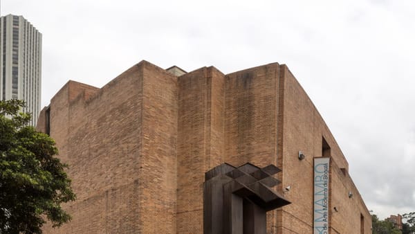 Exterior view of the Museo de Arte Moderno de Bogotá’s brick building designed by Rogelio Salmona in Bogotá’s cultural district.
